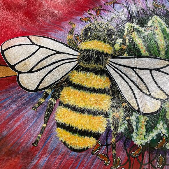 Hand Painted Bumble Bee Leather Hobo Bag Horse bit Anuschka Inspired - Picture 5 of 16